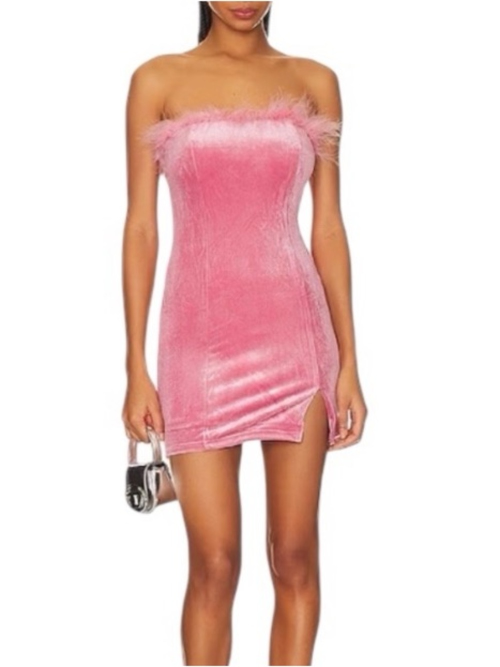 Superdown Symone Feather Mini Velour Strapless Dress